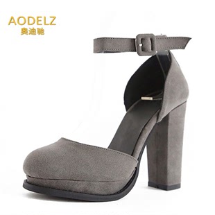 高端定制Aodelz 韩版夏季新款包头粗跟高跟鞋搭扣浅口百搭女鞋