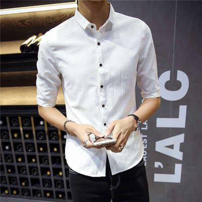 夏季亚麻短袖衬衫日系韩版修身青春小清晰流行男士纯色中袖潮