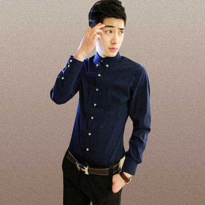 秋季新款韩版修身青年纯色男士长袖衬衫潮男学生青少年休闲衬衣