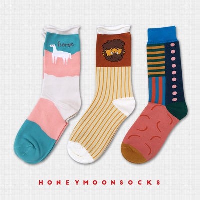 Honeymoon糖果色创意情侣潮袜纯棉卡通闺蜜中筒袜韩国可爱男女袜
