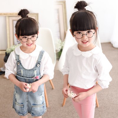 2016春款新款童装儿童宝宝女童白色刺绣娃娃领长袖衬衫打底衣衬衣
