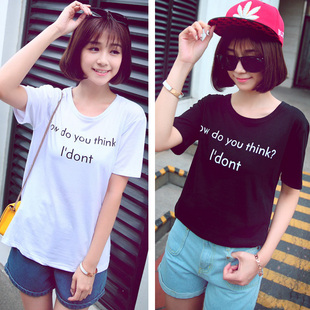 韩版夏季新款韩版个性时尚圆领英文字母图案中长款短袖T恤女通勤