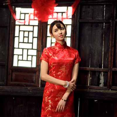 【盛唐酷依】红色，梅花织锦缎短袖复古派对短旗袍
