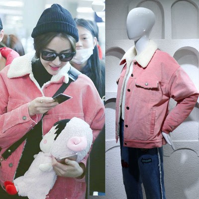 秋冬新款迪丽热巴浦东机场同款粉色灯芯绒羊羔毛休闲宽松上衣外套