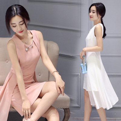 2016夏季新款韩版女装修身无袖长裙显瘦中长款雪纺连衣裙 欧洲站