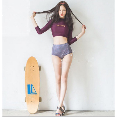 韩版高贵酒红紫长袖字母潜水服分体长袖防晒泳衣高腰比基尼泳衣女