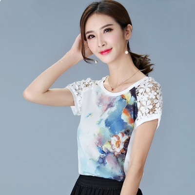 2016新款夏装女装韩版印花纯棉短袖T恤女创意花边半袖白色体恤女