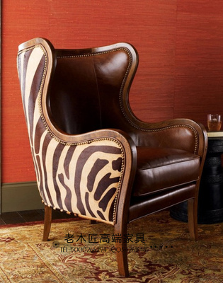 美式实木单人沙发老虎椅斑马纹布艺休闲椅软装设计个性椅子现货