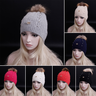 2015水钻羊毛针织毛线帽貉子毛球保暖女冬帽 шапка knit hat