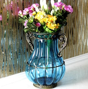 欧式铁艺复古花瓶 客厅餐桌花瓶 铁艺玻璃花瓶海蓝色水培花瓶