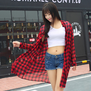 2016韩版宽松中长款格子衬衣雪纺长袖衬衫女学生防晒上衣潮