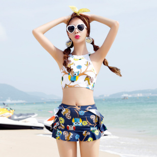 韩国新款泳衣时尚性感高腰卡通图案分体裙式三角三件套女士泳衣