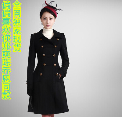 2014冬装新款女装郑爽同款韩版修身黑色呢子大衣呢外套军大衣