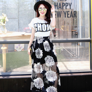 2016新款套装裙夏气质两件套韩版时尚显瘦网纱印花性感长裙女包邮