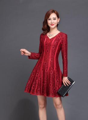 品牌2016秋冬款修身红色礼服高档台湾v领钉珠长袖气质女连衣裙