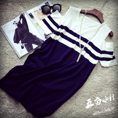 2015夏季新款女装韩版显瘦露肩短袖针织连衣裙条纹撞色圆领短裙子