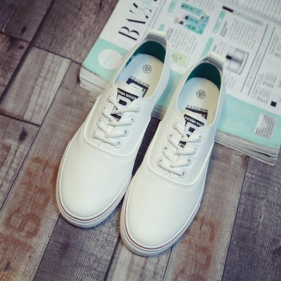 夏秋韩版系带小白鞋平底皮面帆布鞋平跟学生休闲女鞋白色系带板鞋