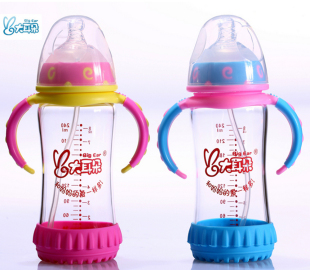 香港大耳朵玻璃奶瓶防摔带吸管手柄 宽口径宝宝新生婴儿奶瓶套装
