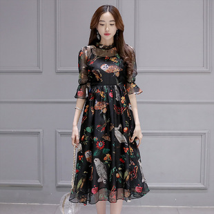 2016夏季韩版女装新款修身短袖印花波西米亚中长雪纺沙滩连衣裙女