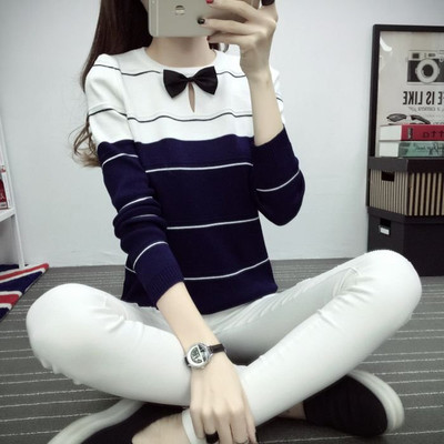 秋季长袖T恤女 韩版修身打底短装上衣 搭配高腰裤的条纹衣服学生