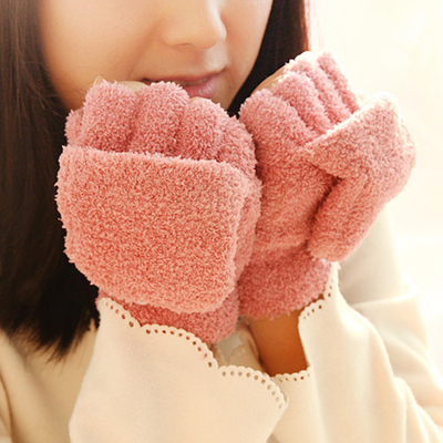 韩版可爱珊瑚绒漏指半指翻盖键盘手套 男女冬季加厚保暖毛绒手套
