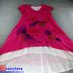 中国民族风 手绘荷花泡泡袖圆领双层连衣裙大摆不规则长裙Q0011