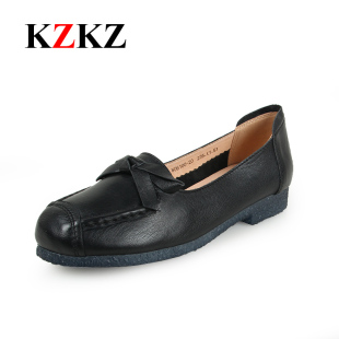 KZKZ2016春季新款牛皮蝴蝶结浅口平跟休闲简约豆豆鞋牛筋底女鞋