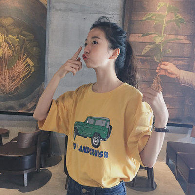 2017韩国新款宽松百搭显瘦卡通小汽车圆领短袖T恤学生半袖衫女