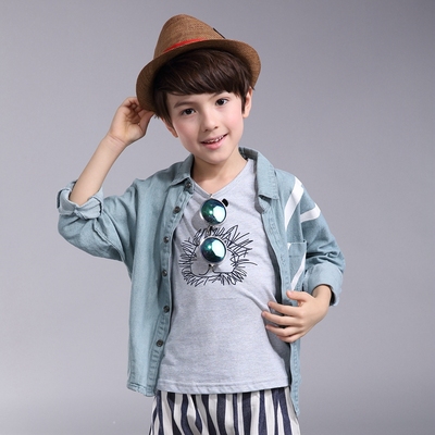韩版童装春季新款男童宽松时尚纯棉牛仔衬衫中小童长袖衬衣