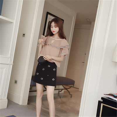 夏季韩版新款女装气质宽松镂空短袖甜美拼色女式雪纺衫女