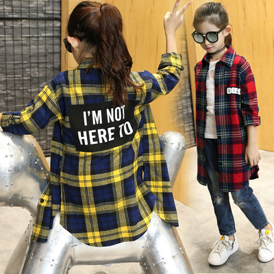 2016女童秋季新款全棉长款包臀长袖格子衬衫字母韩版儿童长衬衣潮