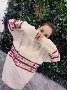 欧洲站2015冬装时尚休闲小高领宽松中长款保暖毛绒兔毛卫衣连衣裙