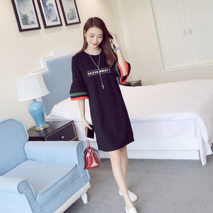 裙子夏季2017新款女潮学生韩版喇叭袖字母中长款个性t恤连衣裙