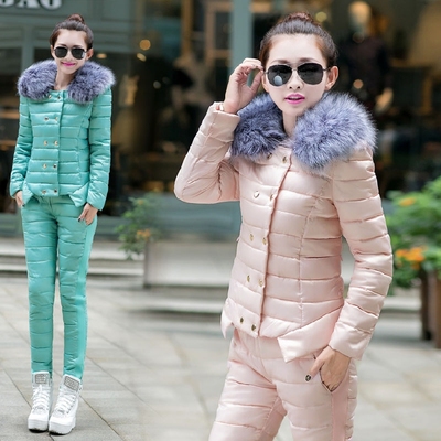 2016冬季新款时尚短款修身百搭毛领韩版轻薄羽绒棉服女两件套装潮