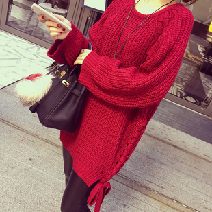 2016秋冬季新款韩版纯色时尚系带宽松针织圆领套头孕妇毛衣