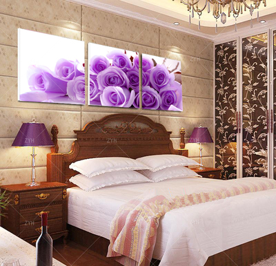 F紫色玫瑰 无框画餐厅客厅装饰画现代墙画卧室壁三联画 专业定做