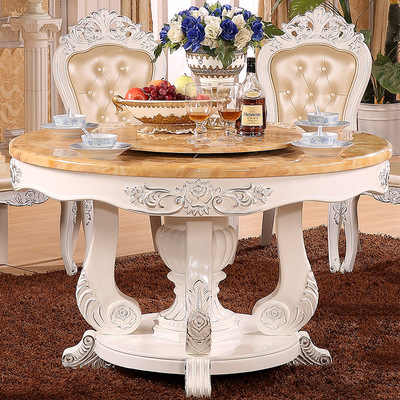 豪华欧式大理石雕花餐桌 烤漆实木橡木白色描银圆桌餐台饭桌包邮