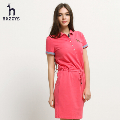 Hazzys哈吉斯女装2015夏季新品Polo领休闲英伦中腰抽绳连衣裙女装