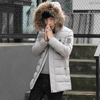 冬季青少年男中长款连帽大毛领时尚棉袄韩版修身学生加厚棉服外套