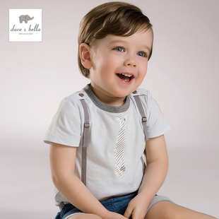 戴维贝拉正品夏季男女童宝宝纯棉背带领带印花短袖T恤1-7岁DB3559