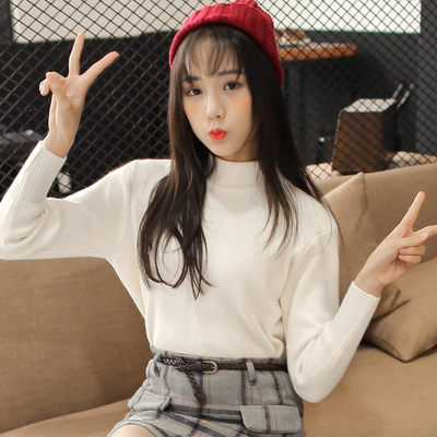 2016春季新款韩版纯色短款长袖半高领针织衫修身显瘦打底毛衣女