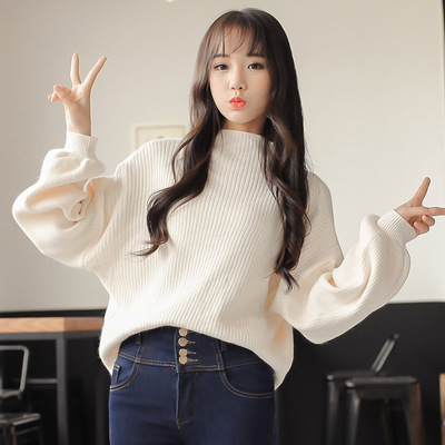 2016新款韩版针织毛衣女套头短款学院风纯色宽松保暖百搭蝙蝠袖潮
