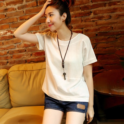 2015新款夏装韩版女装短袖T恤棉麻拼接白色大码体T恤女