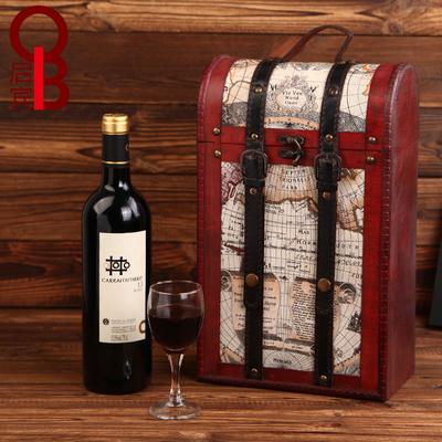 【启宾】红酒盒红酒包装盒复古地图双支木皮盒子礼盒葡萄酒盒包邮