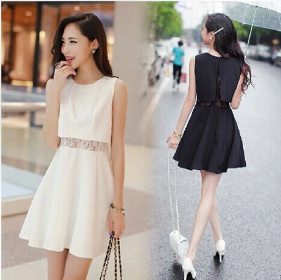 夏季新款韩版休闲蕾丝女装后开口小清新裙子修身显瘦优质连衣裙女