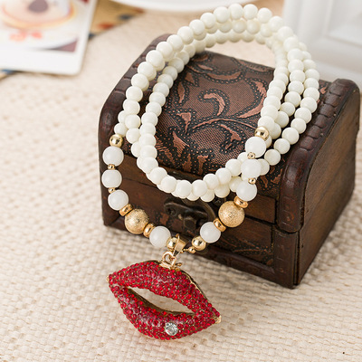 韩国嘴唇水钻长款项链装饰品珍珠毛衣链女烈焰红唇配饰