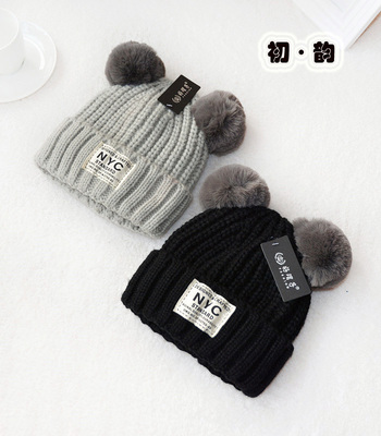 毛线帽子女冬季韩版潮可爱双球针织帽卷边日系文艺户外保暖加绒