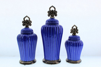 欧式新古典蓝色 绿色古铜釉竖纹陶瓷装饰罐 家具家居软装饰品摆设