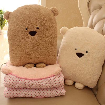 卡通小方熊豆豆熊靠垫夏凉被空调被子 可爱抱枕空调毯子抱枕两用