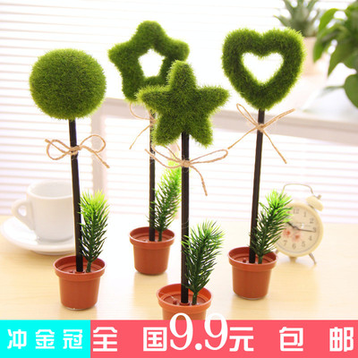 韩国创意文具 绿色田园植物桌面摆饰台笔 盆栽圆珠笔4个包邮